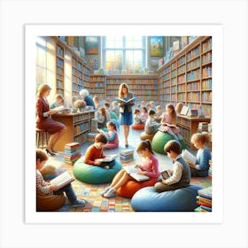 Library Adventures Wall Print Art A Lively Depiction Of Children Exploring Books In A Library, Perfect For Encouraging A Love Of Reading In Any School Environment Art Print