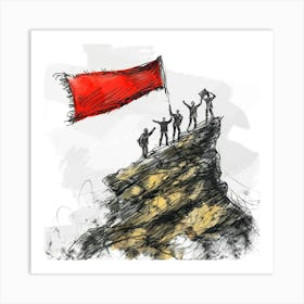 People Holding A Red Flag Art Print