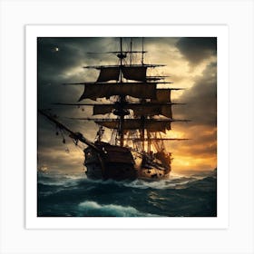 Pirate Ship At Sunset Art Print