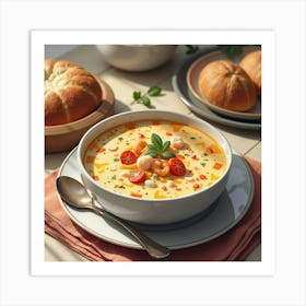 Watercolor Scene Of A Rich And Creamy Seafood Chowder On A Cozy Dining Table Art Print