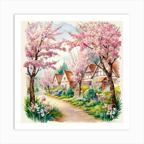 Spring And Blooming Village, With Trees And Flowers, Detailed Watercolor Illustration In Classic Style Poster