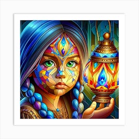 Stained Glass Girl With Lantern Art Print