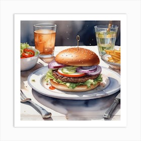 Burger On Plate On Table Watercolor Trending On Artstation Sharp Focus Studio Photo Intricate D (15) Art Print