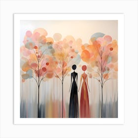 Enchanted Dreams: Pastel Harmony with Golden Trees and Abstract Goddesses Art Print