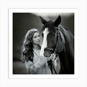 Firefly Timeless Black And White Portrait Of Woman And Stallion 42636 Art Print