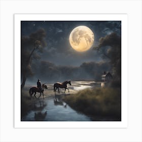 A big moon with famous horses and a river, at night, like a dream, Art Print
