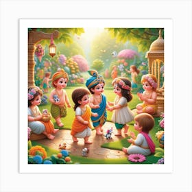 Krishna And His Friends Art Print