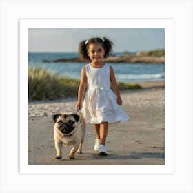 Little Girl Walking Her Pug Art Print