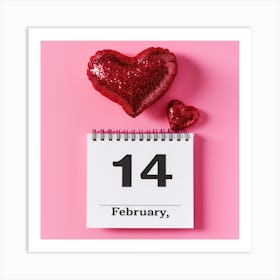 a calendar opened to February 14 with a large red sequined heart and a smaller one on a pink background Art Print