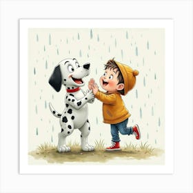 Playful Dalmatian And Child Having Fun In The Rain, Watercolor 1 Art Print