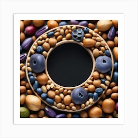 Top View Of Nuts And Blueberries On Black Background Art Print