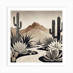 Firefly Modern Abstract Beautiful Lush Cactus And Succulent Garden Path In Neutral Muted Colors Of T Art Print