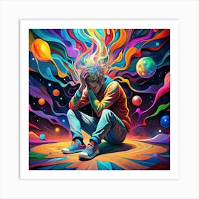 Man With Colorful Hair Sitting In Space Art Print