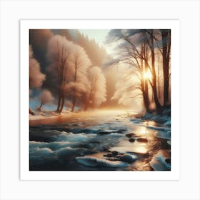 Early Winter Landscape With Flowing River In Sunset Art Print