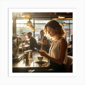 Modern Woman Engages With A Sleek Smartphone At A Bustling Coffee Shop Surrounded By The Hazy Glow (1) Art Print