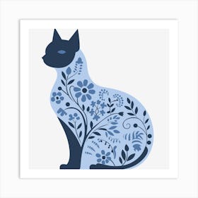 Blue Cat With Flowers Art Print