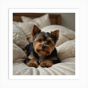 Yorkshire Terrier Dog On Bed Art Print