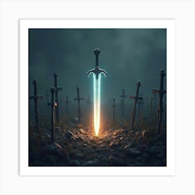 A Glowing Sword Floating In A Field Of Ancient, Broken Weapons 1 Art Print