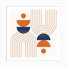 Mid Century Modern Geometric, Moon Phases, Sun and Rainbow in Navy Blue Retro Burnt Orange Art Print