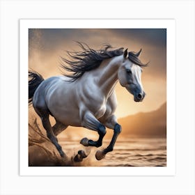 White Horse Running At Sunset Art Print