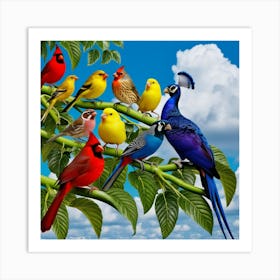 Colorful Birds On A Branch 2 Art Print