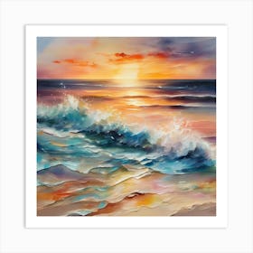 Seashore. Sand, waves, sunset and summer oil colors. Olivia arts printable. Art Print