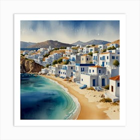 Village Of Mykonos.Summer on a Greek island. Sea. Sand beach. White houses. Blue roofs. The beauty of the place. Watercolor. Art Print