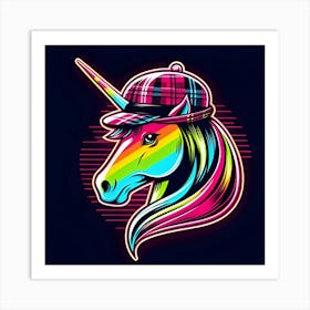 A neon unicorn with a plaid top hat, inspired by the pop art style of Roy Lichtenstein, in a neon rainbow color scheme. 1 Art Print