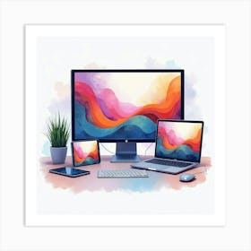 Next Gen Smart Devices On A Sleek Desk, Watercolor Of Vibrant Tech Colors Art Print