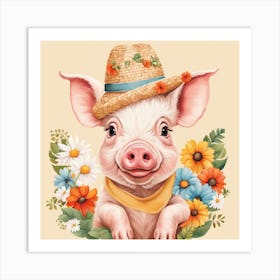 Floral Baby Pig Nursery Illustration (5) Art Print