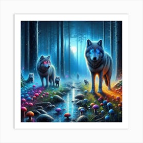 Mystical Forest Wolves Seeking Mushrooms and Crystals 8 Art Print