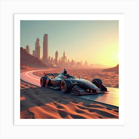 Futuristic Formula Car On A Brightly Lit Desert Track With A Sci Fi City In Distance 1 Art Print