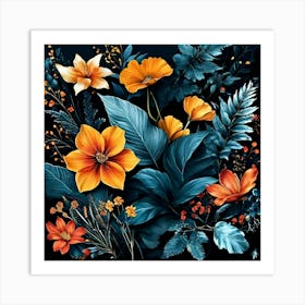 Draw A Composition Of Different Types Of Leaves And Flowers Floating On A Dark Background Use A (1) Art Print