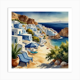 Blue Ionian Village.Summer on a Greek island. Sea. Sand beach. White houses. Blue roofs. The beauty of the place. Watercolor. Art Print