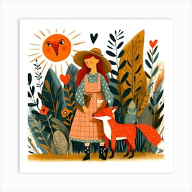 Girl with Fox, Sun, and Botanical Nature Art Print