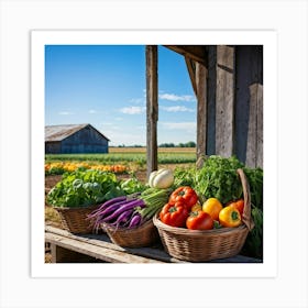 Assorted Vegetables In Peak Season Diverse Lush Greens Ripe Red Tomatoes Plump Purple Eggplants (1) Art Print