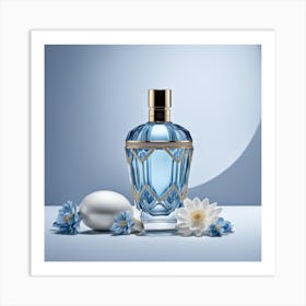 Blue Perfume Bottle And Flowers Art Print