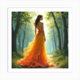 Stylish Woman In Watercolor Gown, Majestic Forest Backdrop 1 Art Print