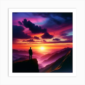 Man On Top Of Mountain At Sunset Art Print