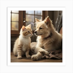 Portrait Of A Dog And Kitten Art Print