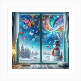 Snowman With Butterflies Art Print