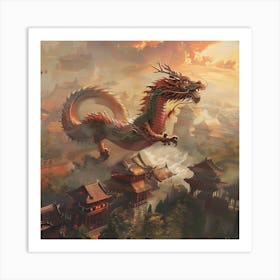 Dragon Flying Over Chinese City Art Print