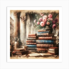 Books And Flowers 2 Art Print