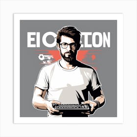 Create A Vivid Image Of A Man Standing In Front Of A Computer, Holding A Keyboard And Mouse Art Print