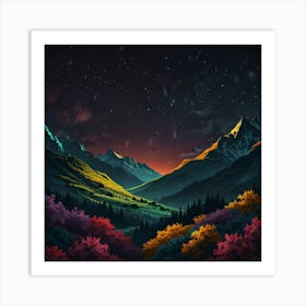 Mountain Landscape With Starry Sky Art Print