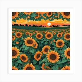 A Vibrant Field Of Sunflowers Stretching Towards The Horizon Under A Bright Sun A Poster Of Sunflowers In A Field With The Sun In The Background (4) Art Print