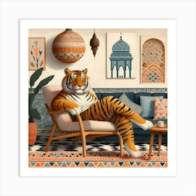 Sitting Tiger on a Couch in a Moroccan Living Room Art Print