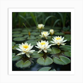 A Graceful Lily Pond With Blooming White And Yellow Water Lilies 2 Art Print