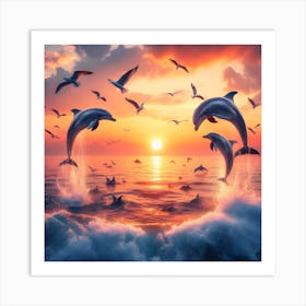 Sunset with Dolphins Art Print