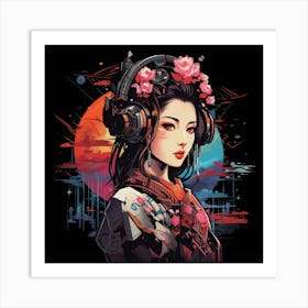 Asian Girl With Headphones Art Print